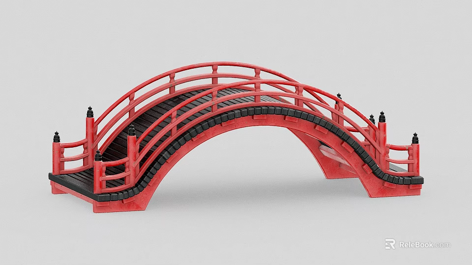 Traditional Red Bridge with Arched Design Black Deck and Wooden Railings 3d model 