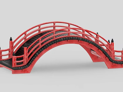 Traditional Red Bridge with Arched Design Black Deck and Wooden Railings 3d model