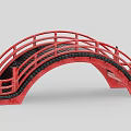 Traditional Red Bridge with Arched Design Black Deck and Wooden Railings