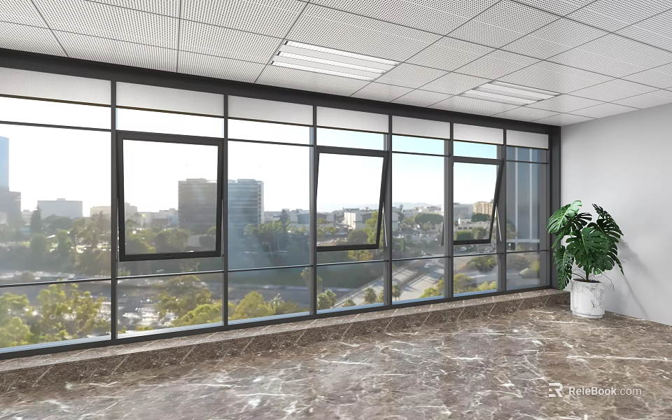 Spacious Front Desk Reception Area With Large Windows City View Marble Floor And Green Plant 3d model 