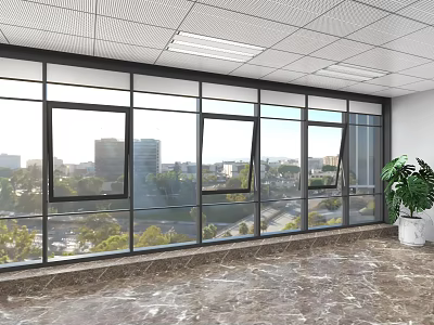 Spacious Front Desk Reception Area With Large Windows City View Marble Floor And Green Plant 3d model