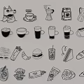 Hand Drawn Food And Drink Icons Wall Decor With Line Art Style On Black Background