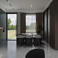 Modern Living and Dining Room with Large Windows Green View Sofa and Dining Table