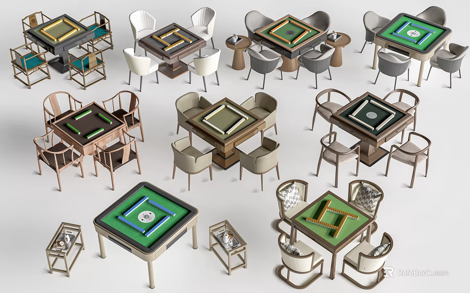 Various Styles Mahjong Tables With Accompanying Chairs And Side Tables 3d model 