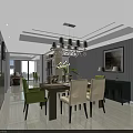 Modern Dining and Living Room Interior With Dining Table Green White Chairs Chandelier And Artwork