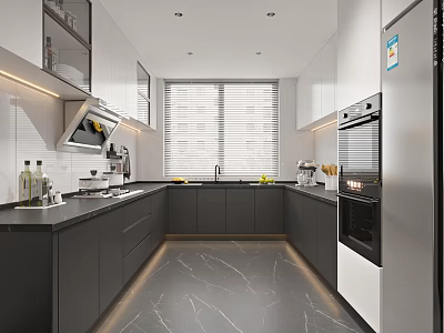 Modern Kitchen Interior With Gray Cabinets Marble Floor Window And Appliances 3d model