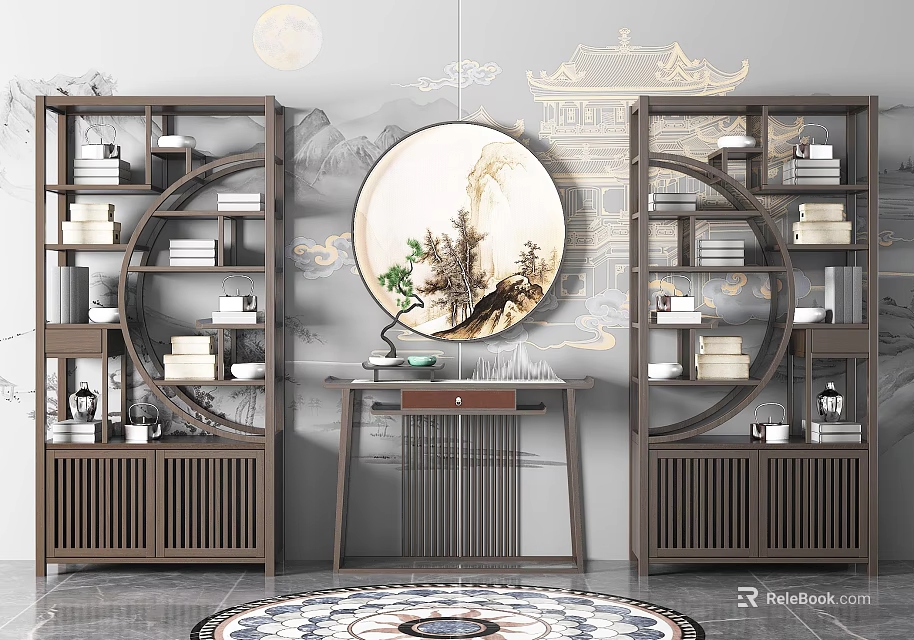 Symmetric Chinese Style Decorative Cabinets With Bookshelves Ornaments Round Painting And Background Wall 3d model 