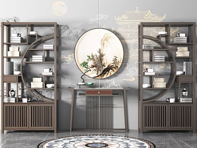 Symmetric Chinese Style Decorative Cabinets With Bookshelves Ornaments Round Painting And Background Wall 3d model