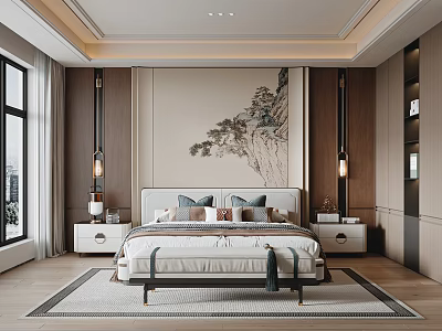 Chinese Style Bedroom Interior With Mountain Painting Nightstands Pendant Lights And Rug 3d model