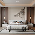 Chinese Style Bedroom Interior With Mountain Painting Nightstands Pendant Lights And Rug