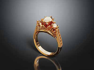 Elegant Fashion Accessory Gold Ring With Orange Gemstone And Intricate Carving Design Details 3d model