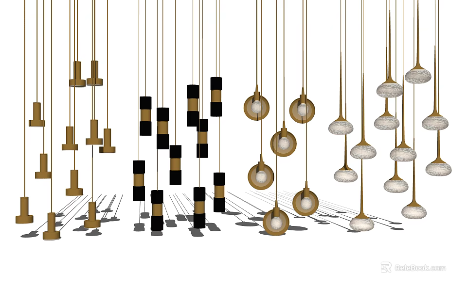 Modern Stylish Pendant Lights With Gold Black Round Strip Designs And Shadows 3d model 