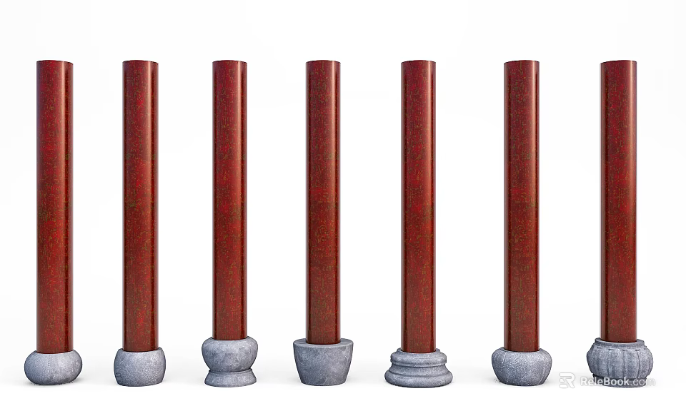 Red Decorative Columns With Gray Bases Arranged In A Row Design 3d model