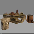 Root Carving Tea Table with Tree Stump Stools and Tea Sets on Natural Wood Surface 3d model