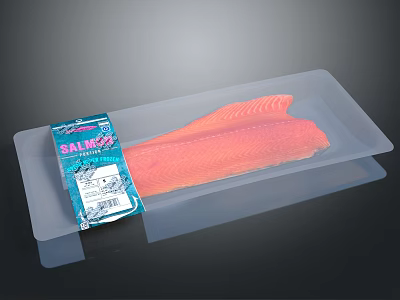 Two Fresh Salmon Fillets Placed On Transparent Tray With Blue Packaging Label 3d model