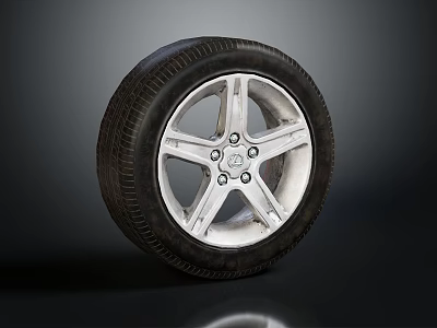 Stylish Car Tire With Silver Five Spoke Wheel Rim And Detailed Design 3d model