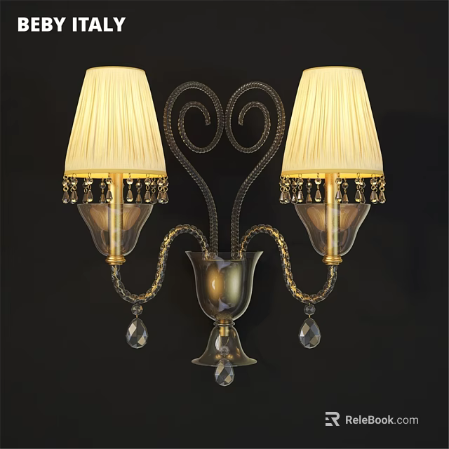 Elegant Wall Sconce With Beige Pleated Lampshades Curved Metal Frame And Crystal Pendants 3d model 