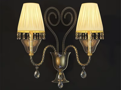 Elegant Wall Sconce With Beige Pleated Lampshades Curved Metal Frame And Crystal Pendants 3d model