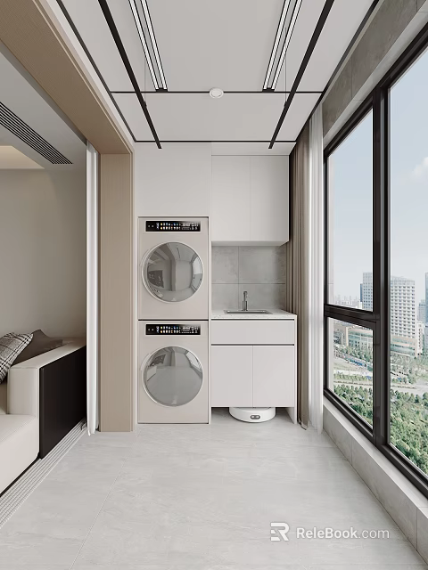 Modern Home Balcony Laundry Area With Washer Dryer Sink White Cabinets And City View 3d model 
