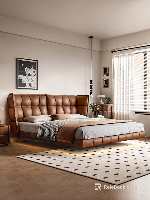 Brown Leather Tufted Double Bed In Modern Interior With Nightstand And Decorative Paintings 3d model 