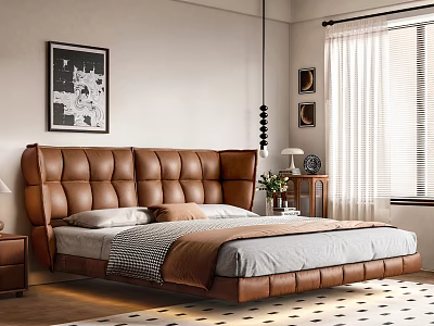 Brown Leather Tufted Double Bed In Modern Interior With Nightstand And Decorative Paintings 3d model