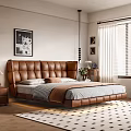 Brown Leather Tufted Double Bed In Modern Interior With Nightstand And Decorative Paintings