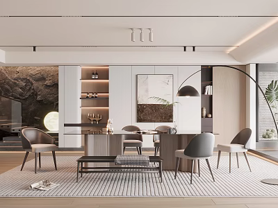 Modern Restaurant Interior Design With Dining Table Gray Chairs Wall Art And Potted Plants 3d model