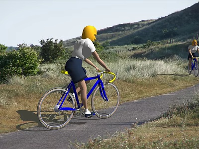 Person With Yellow Helmet Riding Blue Bicycle On Scenic Path Through Grass Hills 3d model