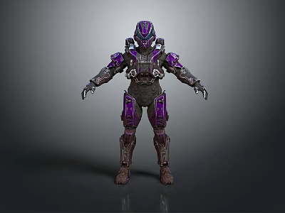 Full Body Armored Character In Mechanical Armor With Purple And Gray Details 3d model