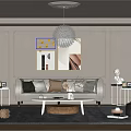 Elegant Modern Living Room Interior With Chandelier Decorative Paintings Sofa Pillows And Plants