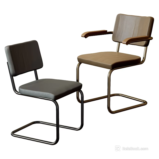 Modern Single Chairs With Leather Seats Metal Frames And Wooden Armrests 3d model 