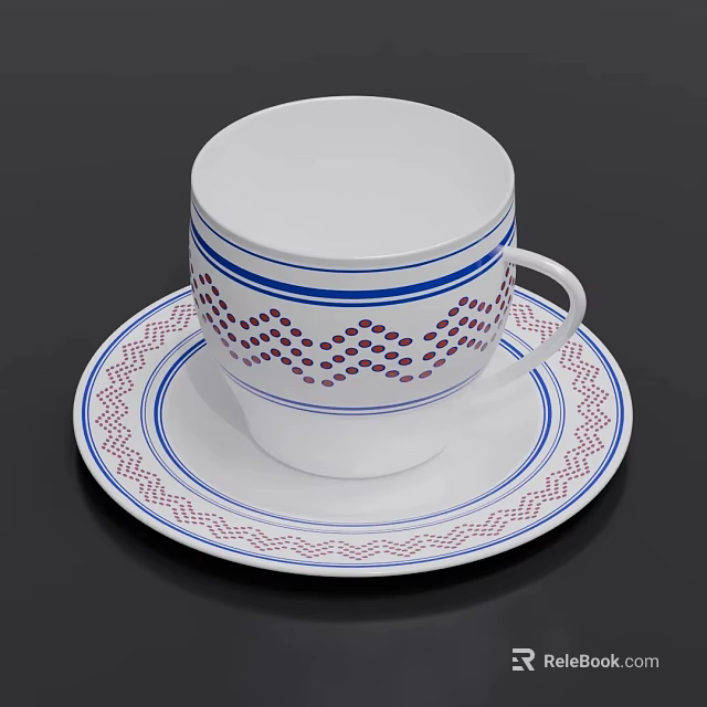 Elegant White Ceramic Tea Cup and Saucer with Blue Red Geometric Patterns 3d model