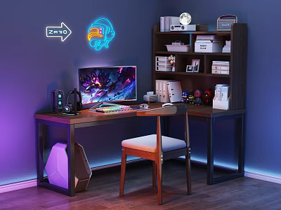 Modern Desk Setup With Neon Lights Computer Wooden Bookshelf Comfortable Chair And Gaming Accessories 3d model