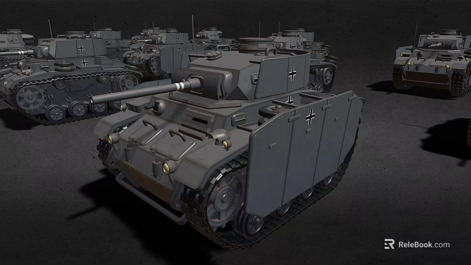 Military Armored Tank With Tracks And Gun Barrel In Foreground Among Other Tanks 3d model 