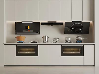 Modern Kitchen Appliances With Built In Oven Microwave Range Hood And Cookware On White Cabinets Countertop 3d model