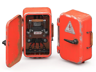 Red Industrial Electrical Control Box Featuring Warning Sign and Internal Components 3d model
