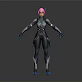 3D Sci Fi Female Character With Pink Hair Cat Ears And Black Blue Combat Suit