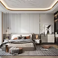 Modern Bedroom Interior Design With Bed Nightstand Decorative Paintings Curved Ceiling Rug And Wardrobe