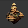 Cartoon Scene of Floating Island with Wooden Tower Leaf Structures Pond and Circular Symbol