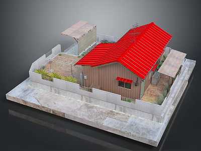 Scenic View of House Yard With Red Roof White Fence Green Plants and Stone Slab 3d model
