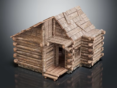 Rustic Log Cabin With Wooden Roof Front Porch Steps Door And Windows 3d model