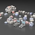 Various Colored Boxes In Different Sizes Scattered On Gray Background With Shopping Carts