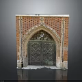 Ornate Red Brick Archway Featuring Carved Details And Wooden Double Doors With Intricate Patterns