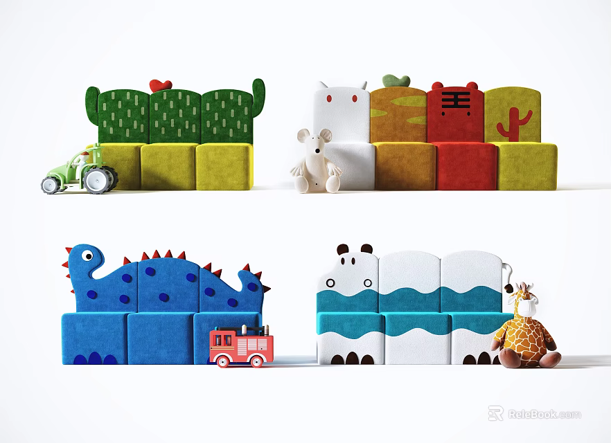 Colorful Building Blocks Children's Chair With Small Toys Like Cactus Bear Dinosaur Train and Deer 3d model 