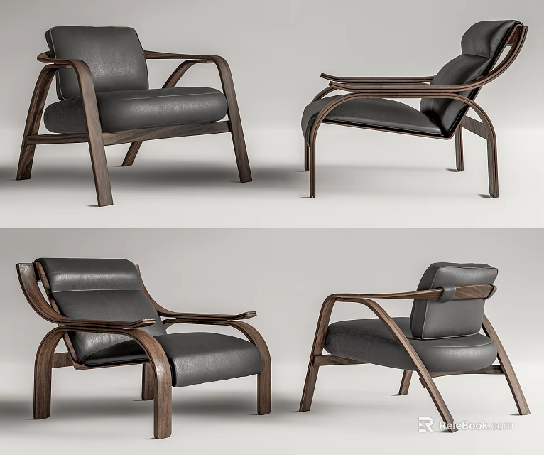 Modern Single Sofa With Black Leather Upholstery And Curved Wooden Armrests 3d model 