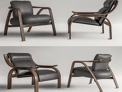 Modern Single Sofa With Black Leather Upholstery And Curved Wooden Armrests 3d model