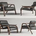 Modern Single Sofa With Black Leather Upholstery And Curved Wooden Armrests