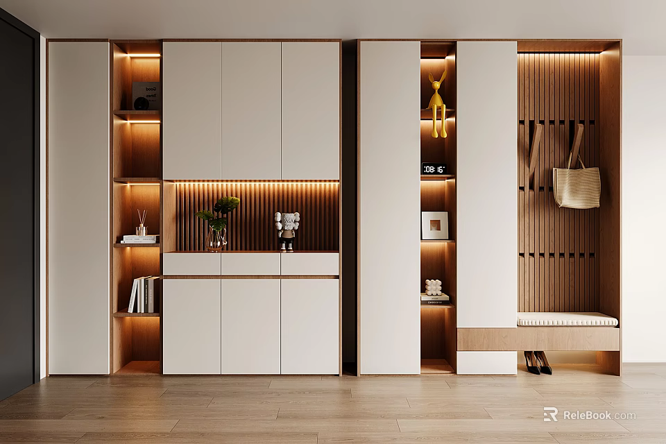 Modern Shoe Cabinet With White Wooden Design Storage Shelves Hanging Bag And LED Lighting 3d model 
