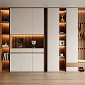 Modern Shoe Cabinet With White Wooden Design Storage Shelves Hanging Bag And LED Lighting