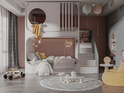 Kids Bedroom Interior With Bunk Bed Stairs Fairy Tale Wall Decor Stuffed Toys And Balloons 3d model